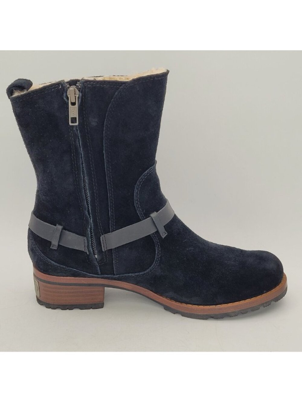 Ugg Australia Endell Womens 7.5 Black Suede Shearling Lined Moto Boots 9" NICE - Picture 3 of 16